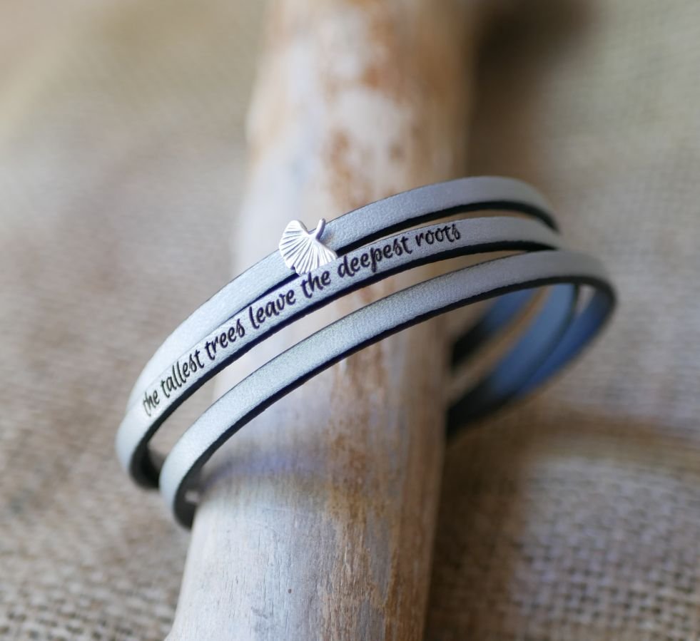 Pulseira de couro mulher multi-tours Ginkgo folha prata personalizada 