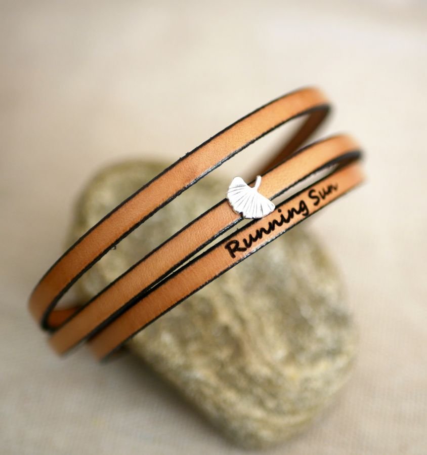 Pulseira de couro mulher multi-tours Ginkgo folha prata personalizada 