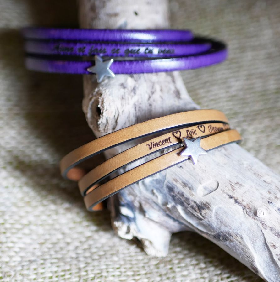 Pulseira de couro para mulheres, personalizável, desenho em estrela de prata