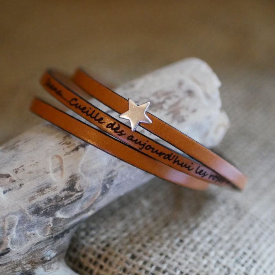 Pulseira de couro para mulheres, personalizável, desenho em estrela de prata