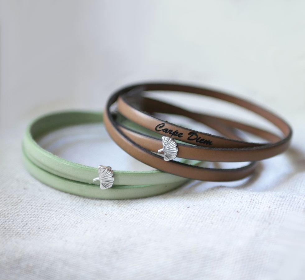 Pulseira de couro mulher multi-tours Ginkgo folha prata personalizada 