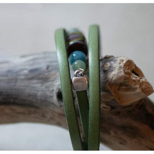 Pulseira de couro verde turquesa e contas de cer&acirc;mica para mulher, para personalizar 