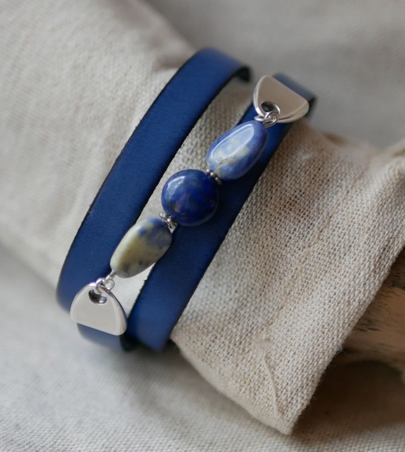 Pulseira de couro e pérolas para mulheres Lapis Lazuli azul para ser personalizado 