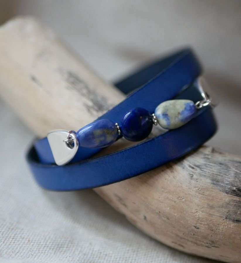 Pulseira de couro e pérolas para mulheres Lapis Lazuli azul para ser personalizado 