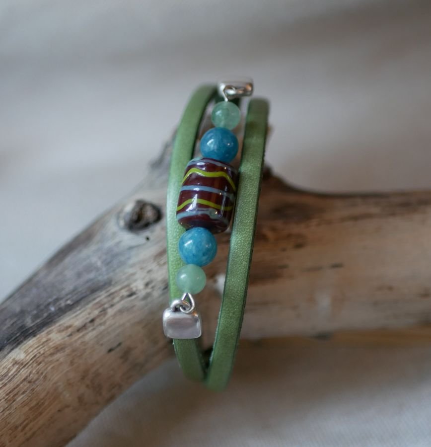 Pulseira de couro verde turquesa e contas de cerâmica para mulher, para personalizar 