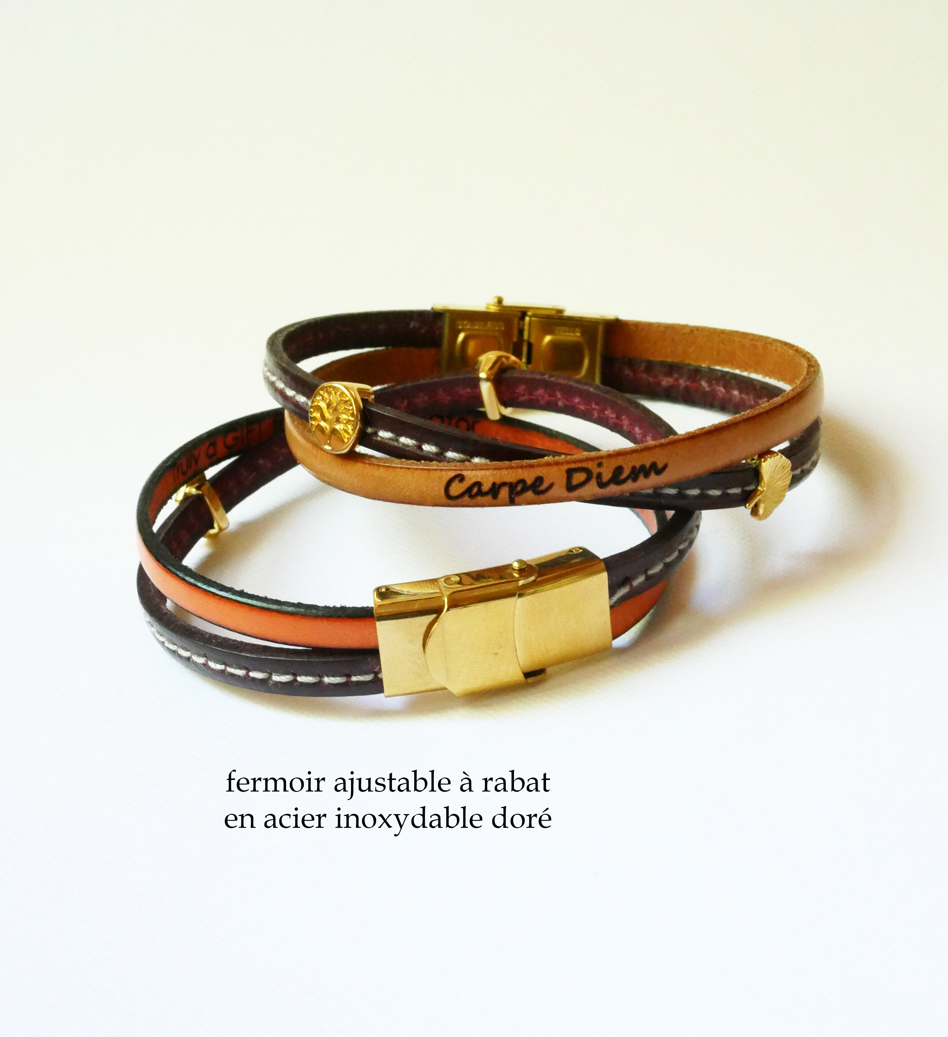 Pulseira dupla em pele Twist banhada a ouro para mulher 