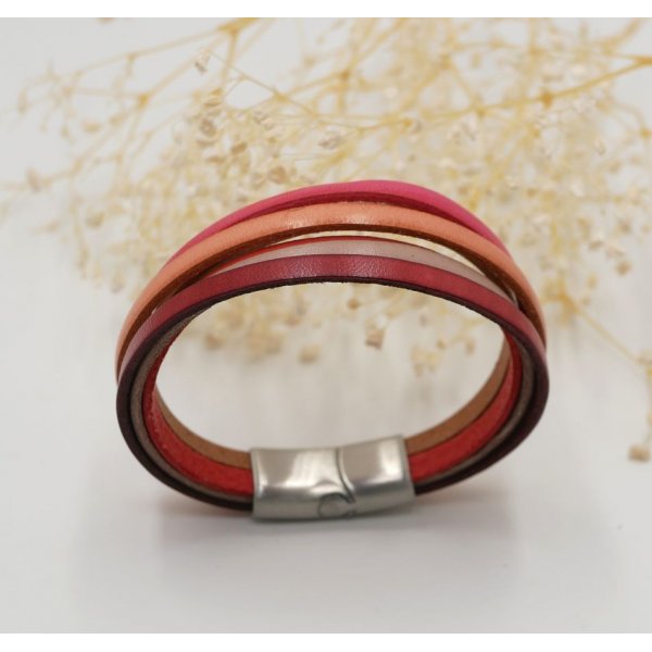 Pulseira feminina multi-couro em punho vermelho, p&ecirc;ssego, coral, bege