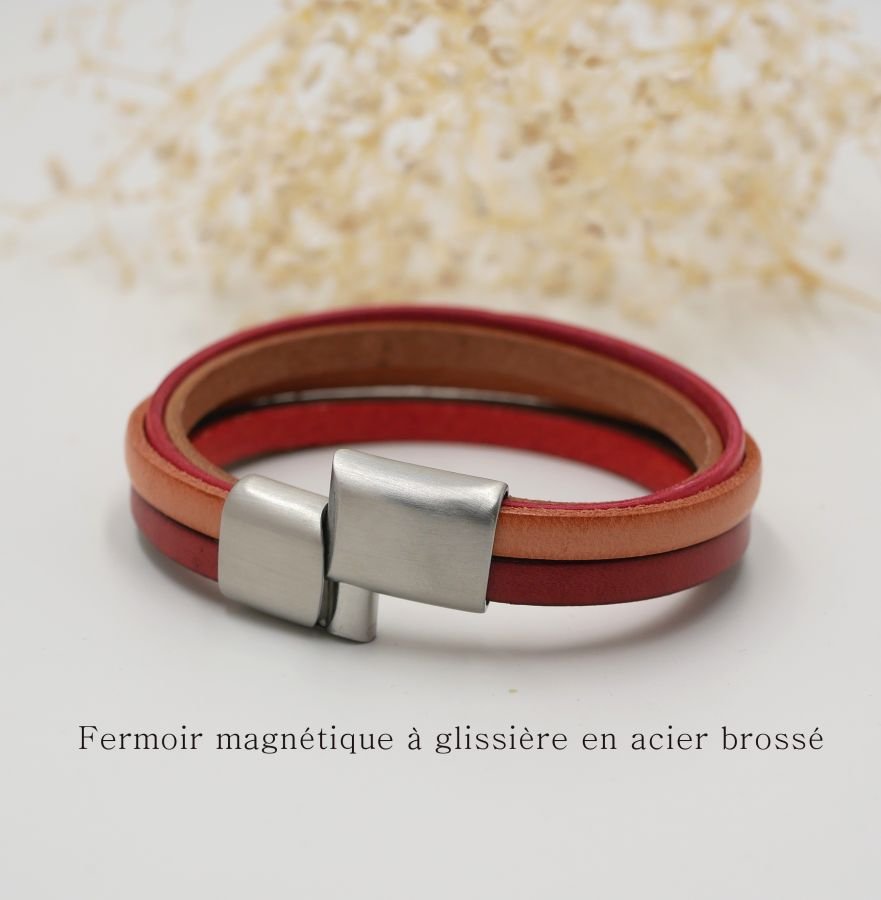 Pulseira feminina multi-couro em punho vermelho, pêssego, coral, bege