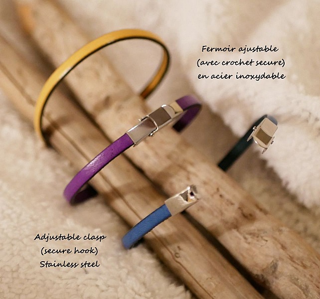 Bracelets femme personnalisables en cuir fin avec fermoir acier inoxydable.