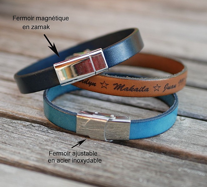 Bracelets en cuir personnalisables avec fermoirs métalliques.