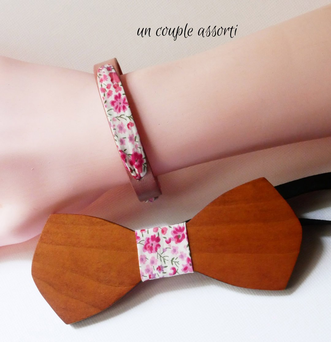 Bracelet femme trio cuirs & liberty fleurs rose 
