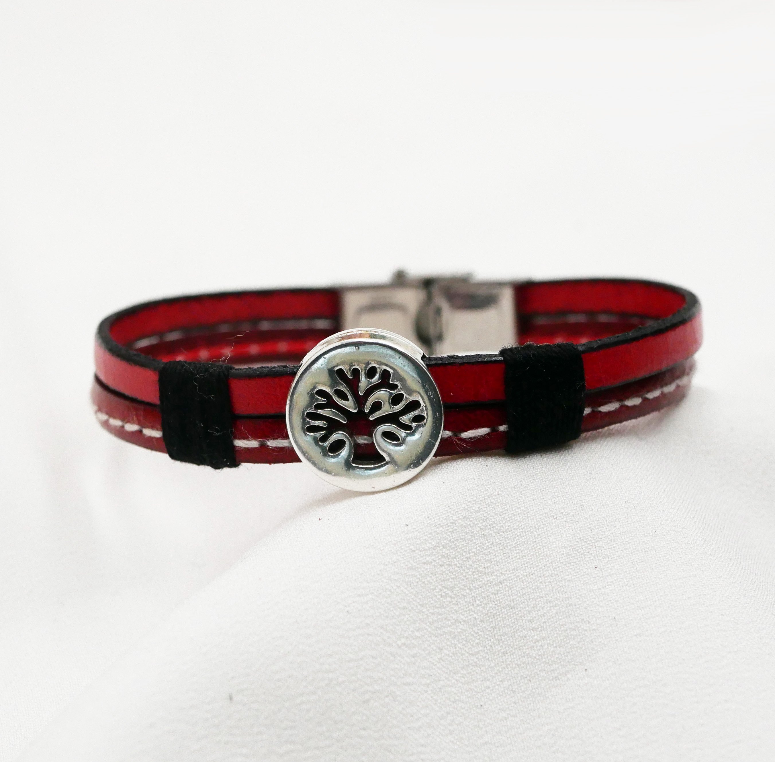 Pulseira para homem em pele vermelha dupla com pesponto Árvore da vida personalizável 