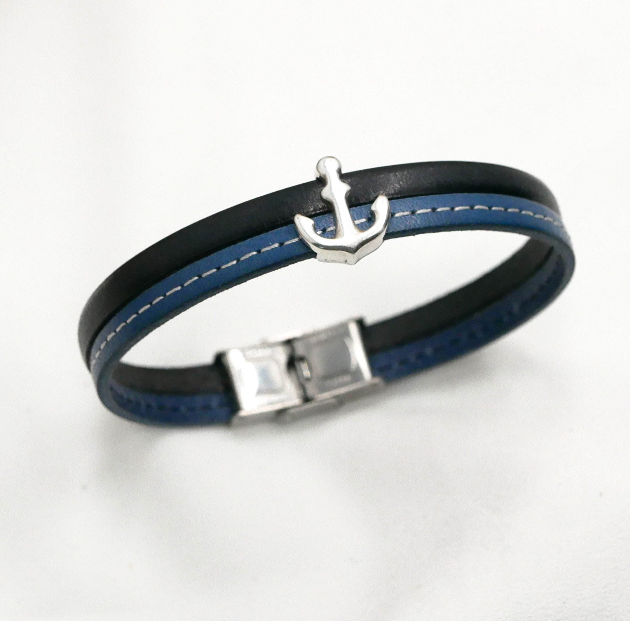 Pulseira para homem em couro azul duo com pesponto Âncora azul-marinho personalizável 