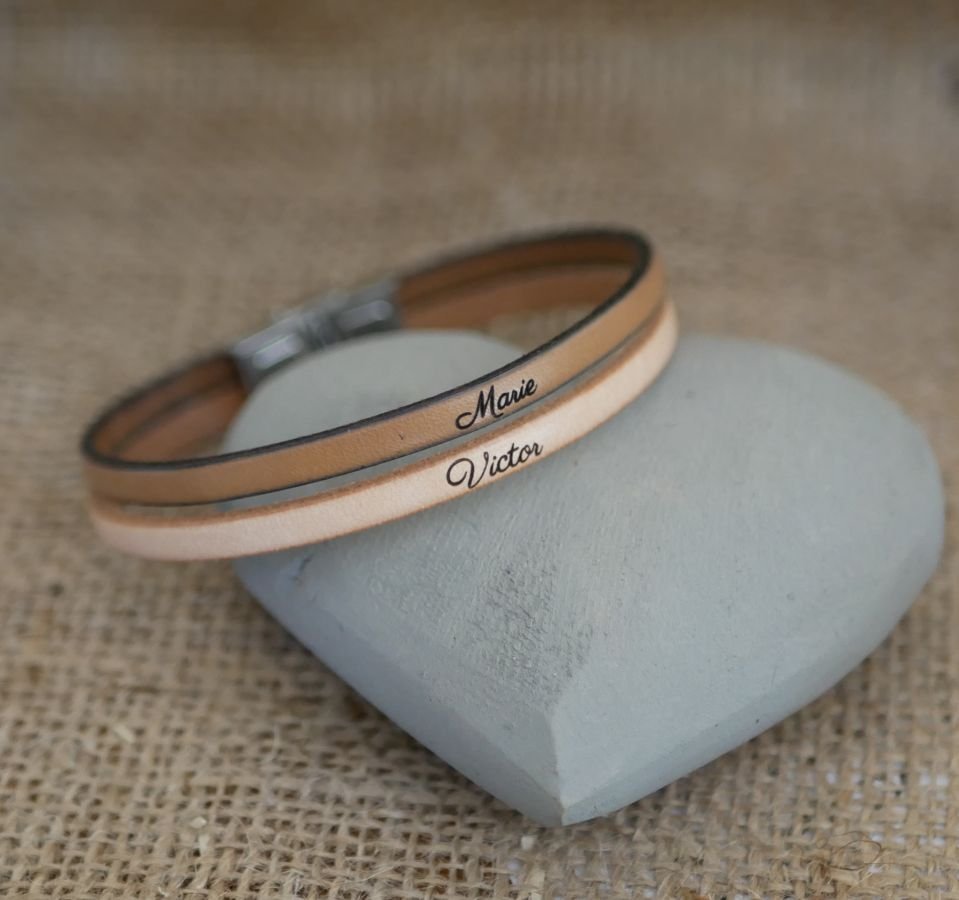 Pulseira duo em pele para homem personalizável com gravação