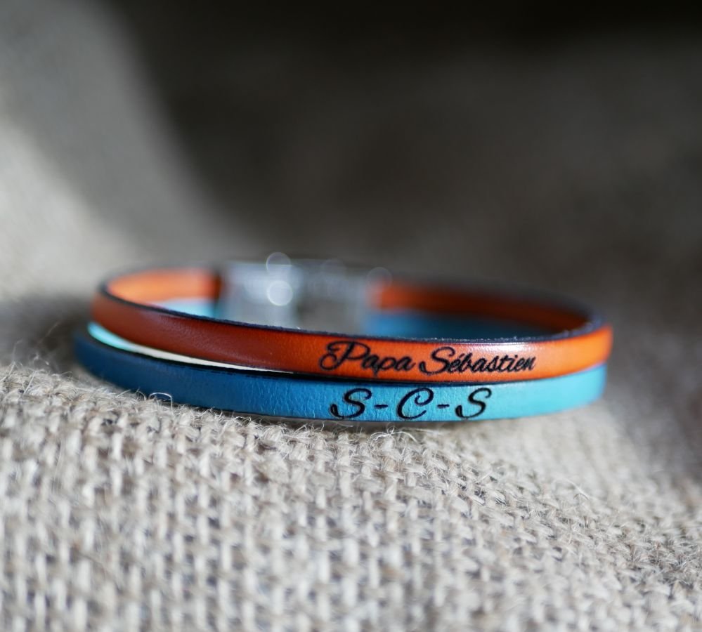 Pulseira duo em pele para homem personalizável com gravação