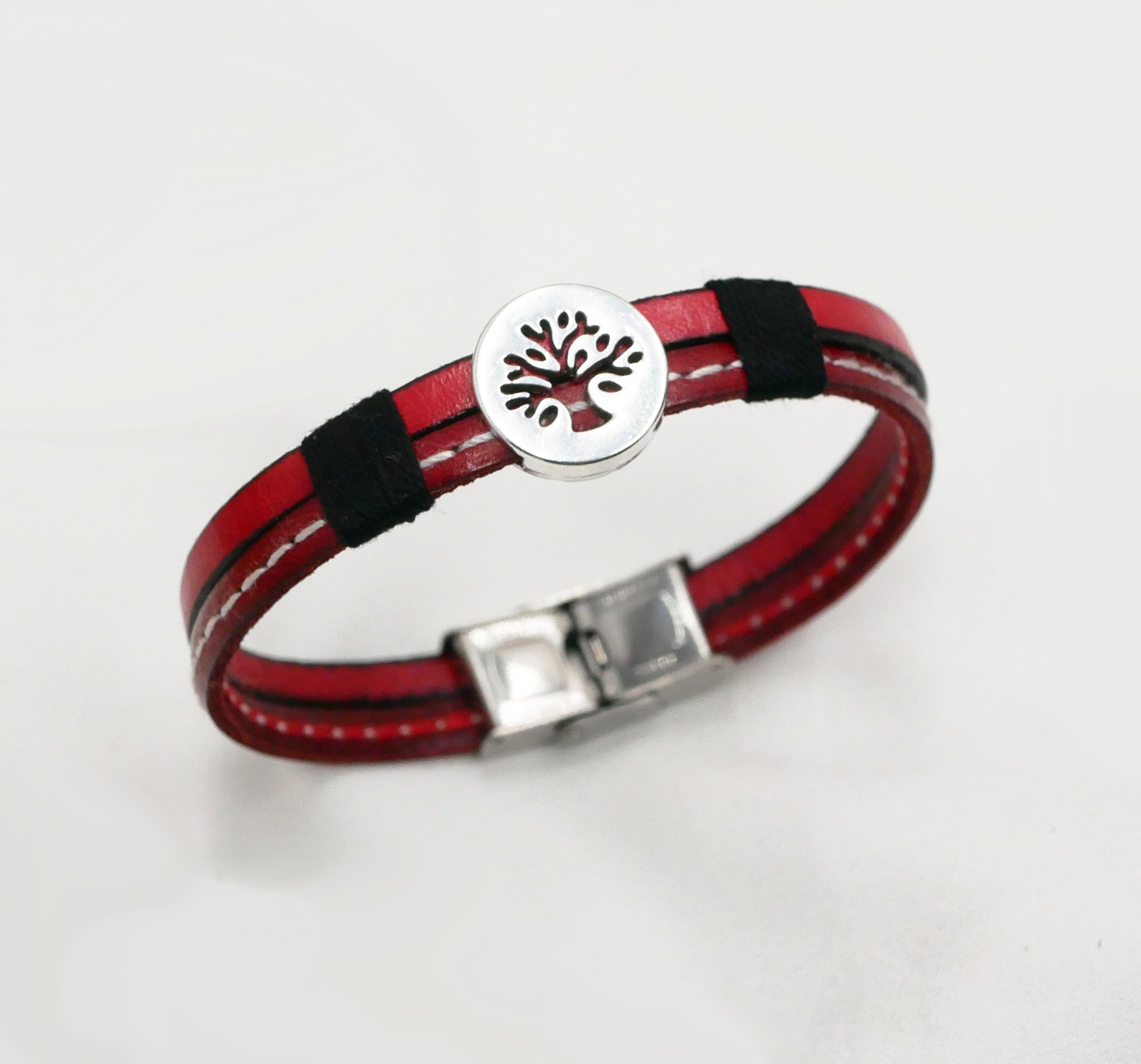 Pulseira para homem em pele vermelha dupla com pesponto &Aacute;rvore da vida personaliz&aacute;vel 