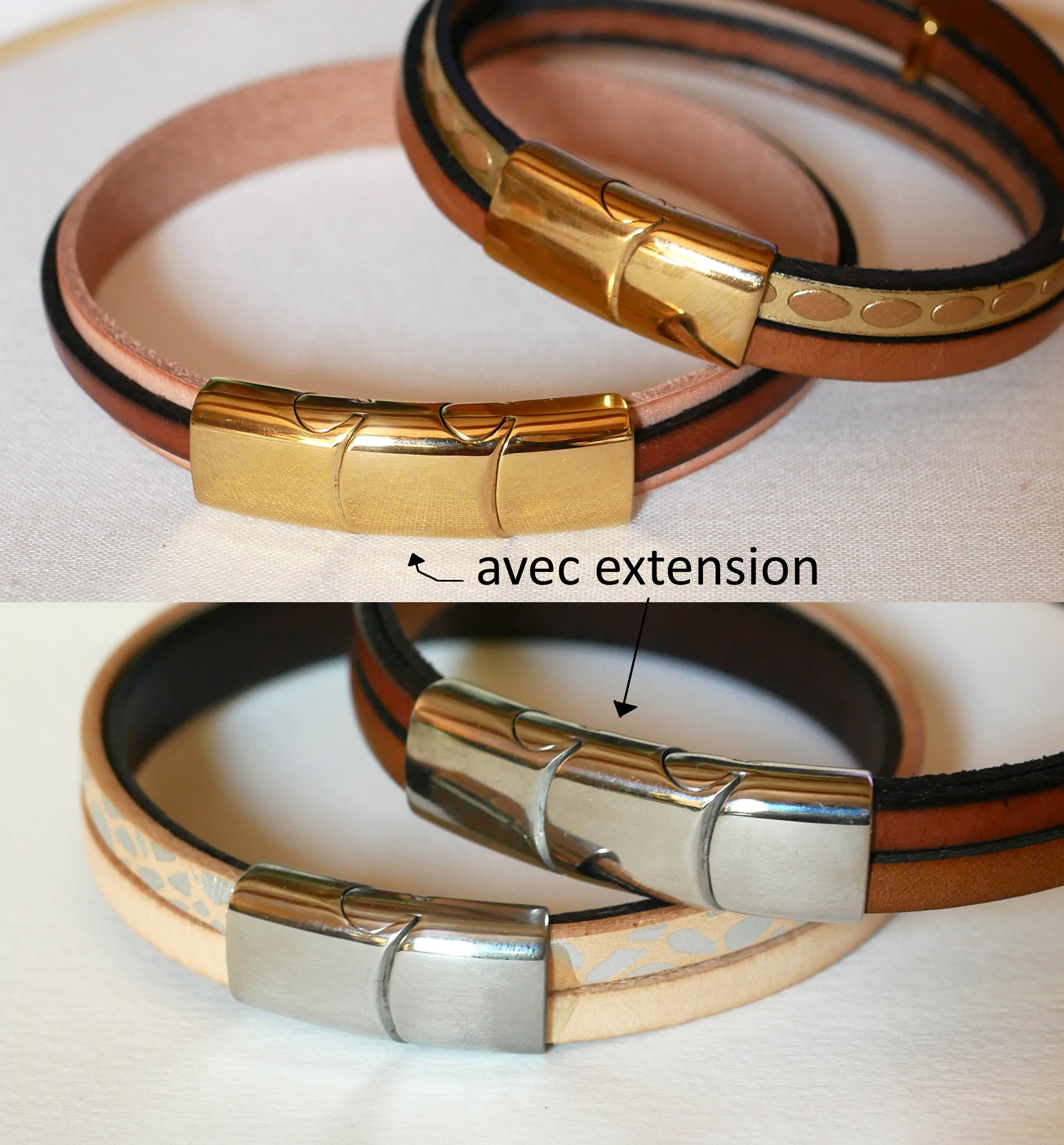 Pulseira de punho para mulher em pele natural e prateada 