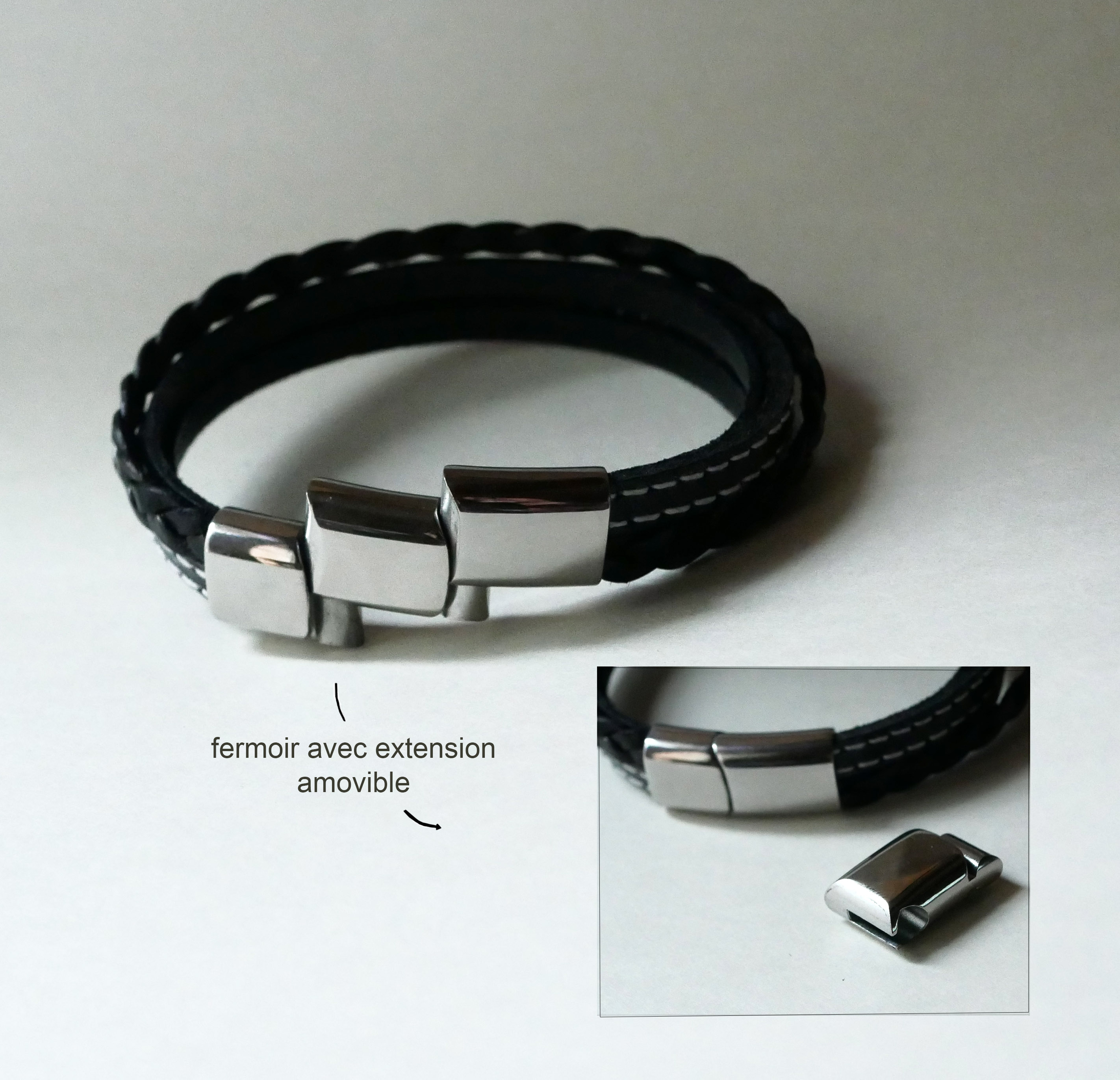 Pulseira de punho em pele preta para homem