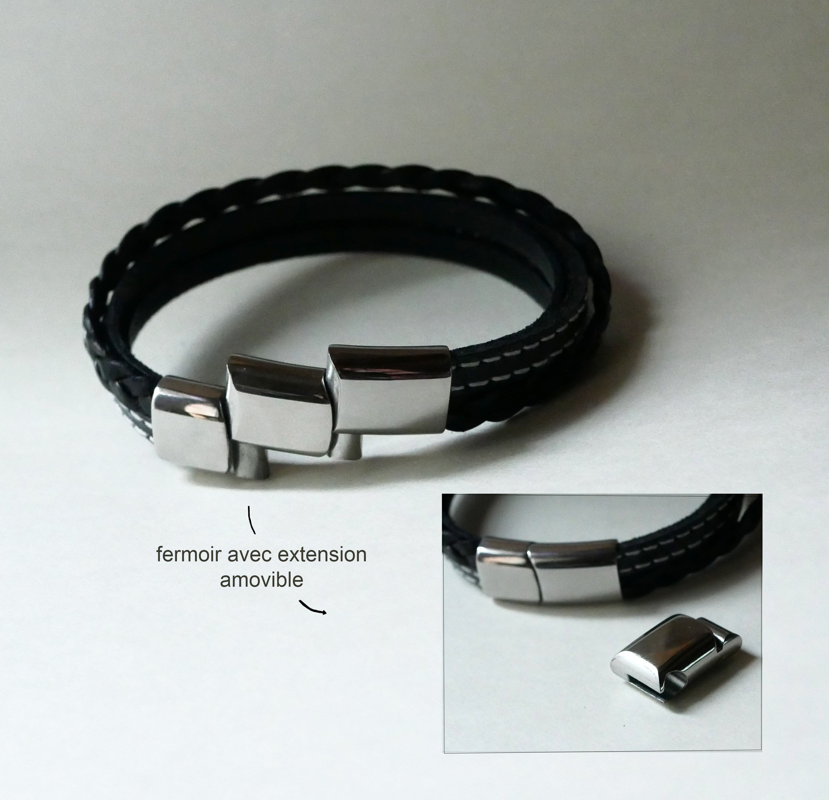 Pulseira de punho em pele preta para homem