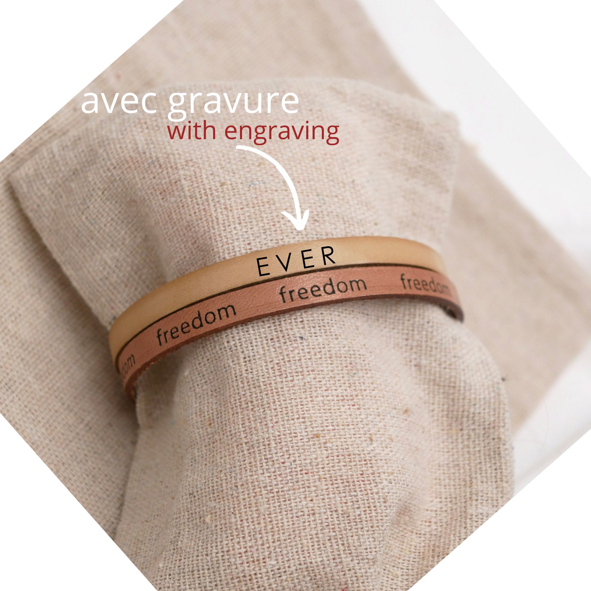Pulseira mista de duas peles em bege natural Gravação Freedom para personalizar