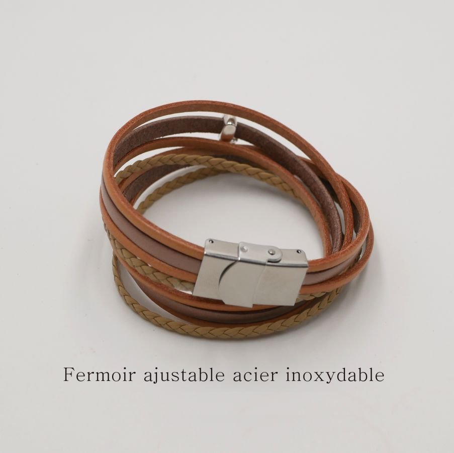 Pulseira multi-couro personalizável com pingente bege 