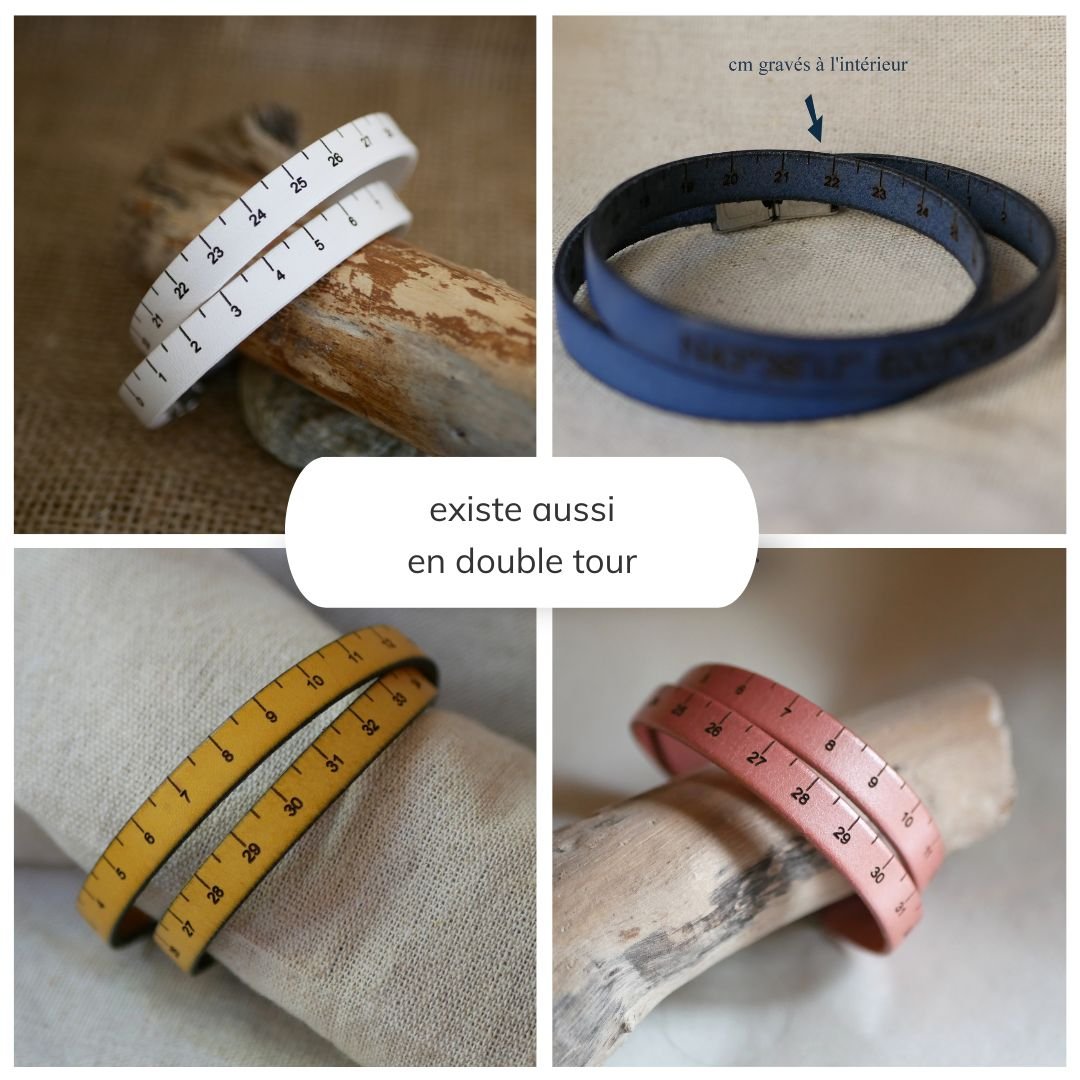 Pulseira de metros de costura em pele, gravada em cm e personalizável no verso
