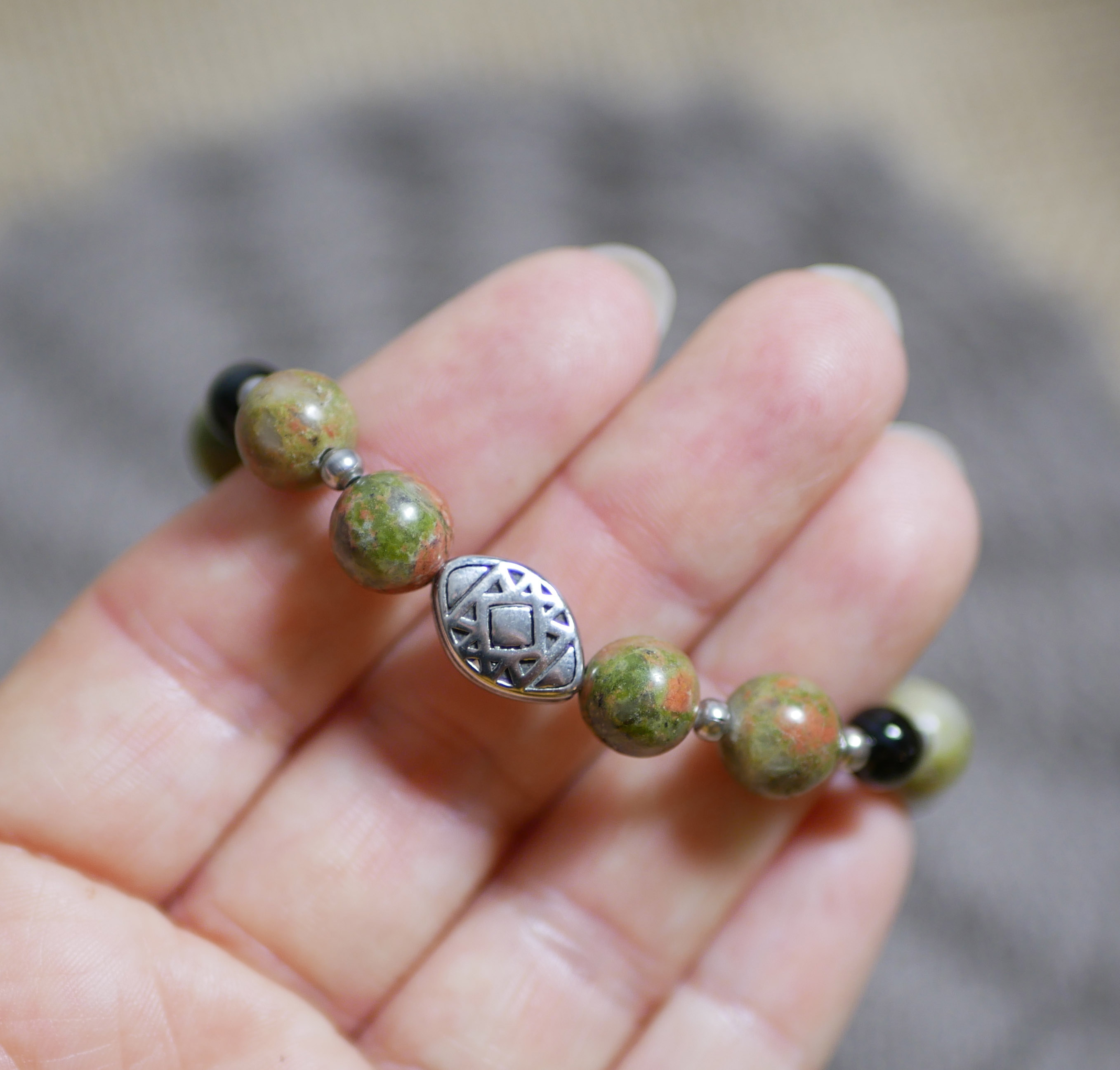 Pulseira de contas de aço oblonga com contas de pedra natural unakite 