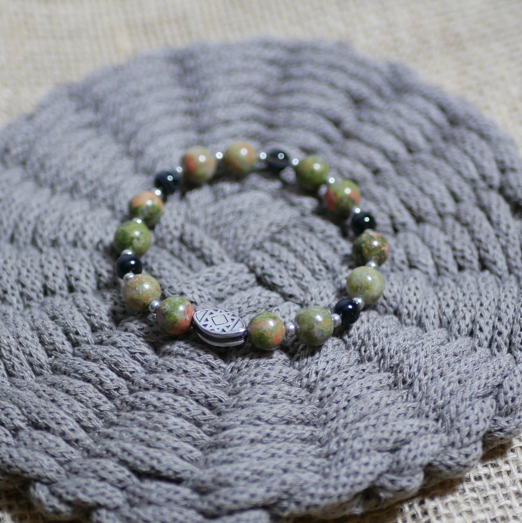 Pulseira de contas de aço oblonga com contas de pedra natural unakite 
