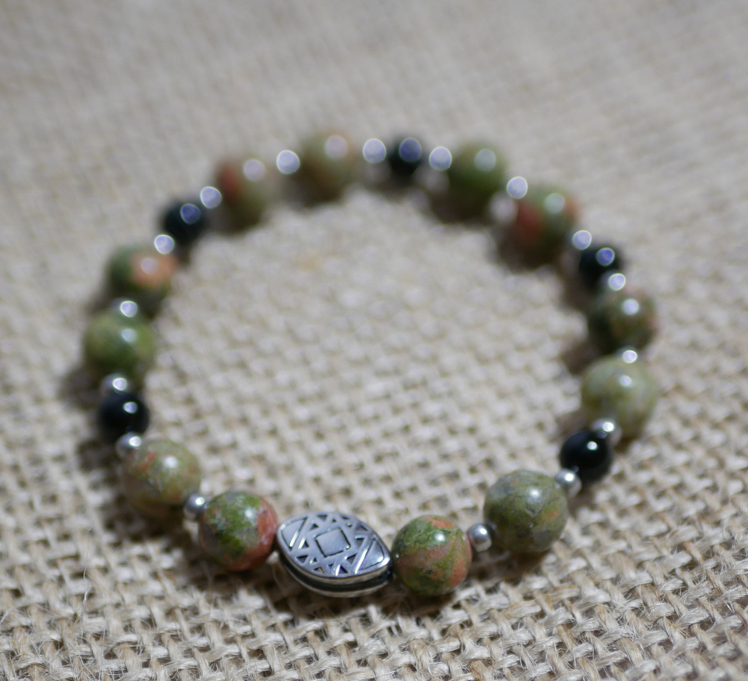 Pulseira de contas de a&ccedil;o oblonga com contas de pedra natural unakite 