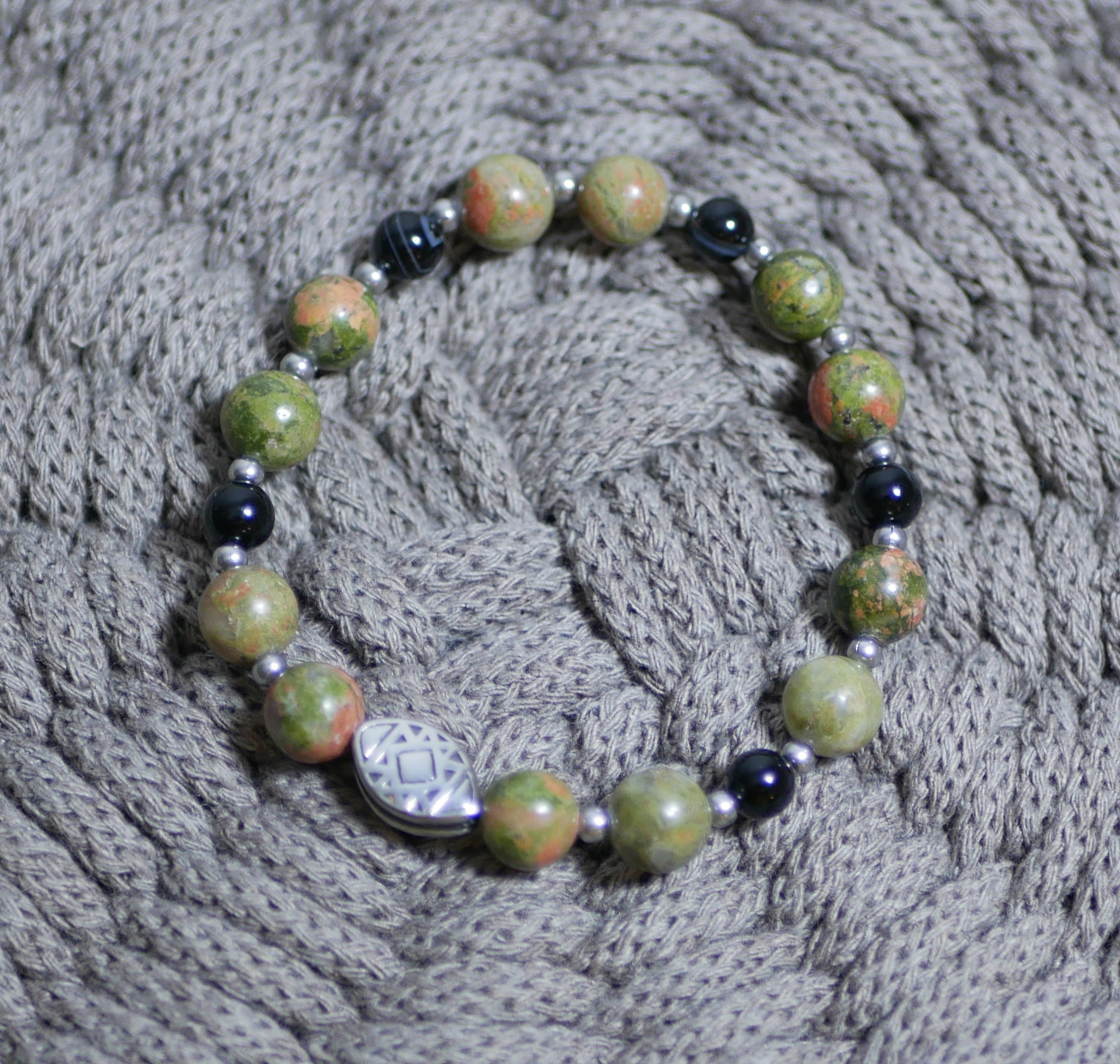 Pulseira de contas de aço oblonga com contas de pedra natural unakite 
