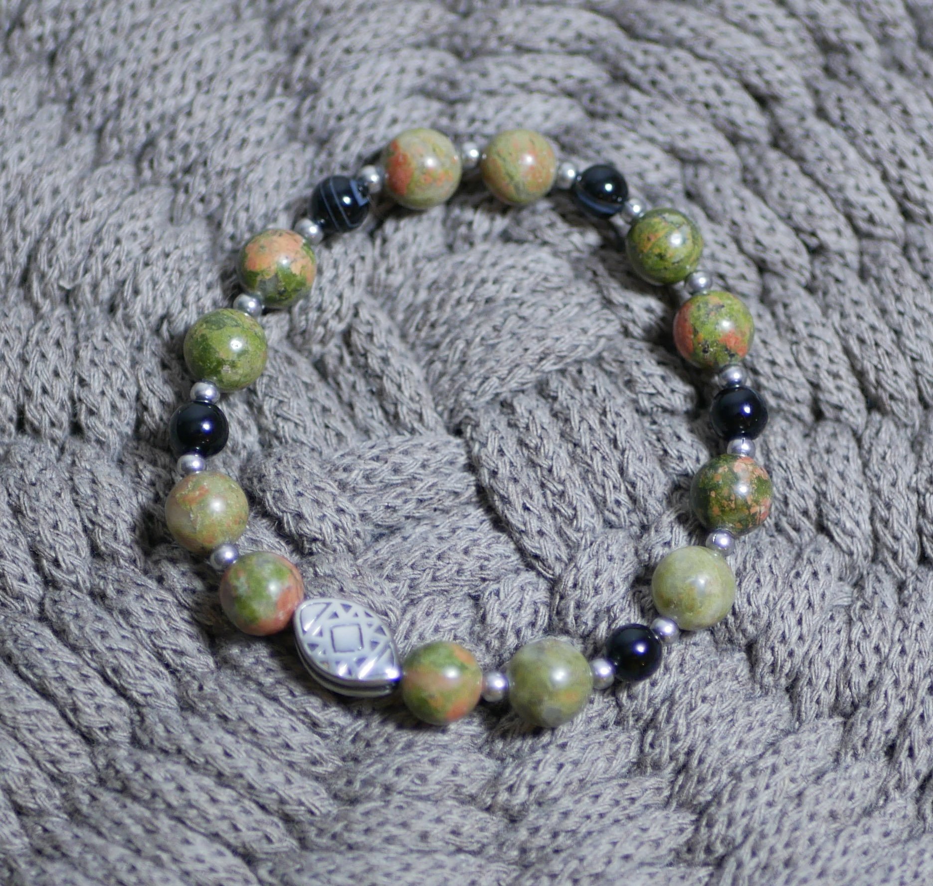 Pulseira de contas de aço oblonga com contas de pedra natural unakite 