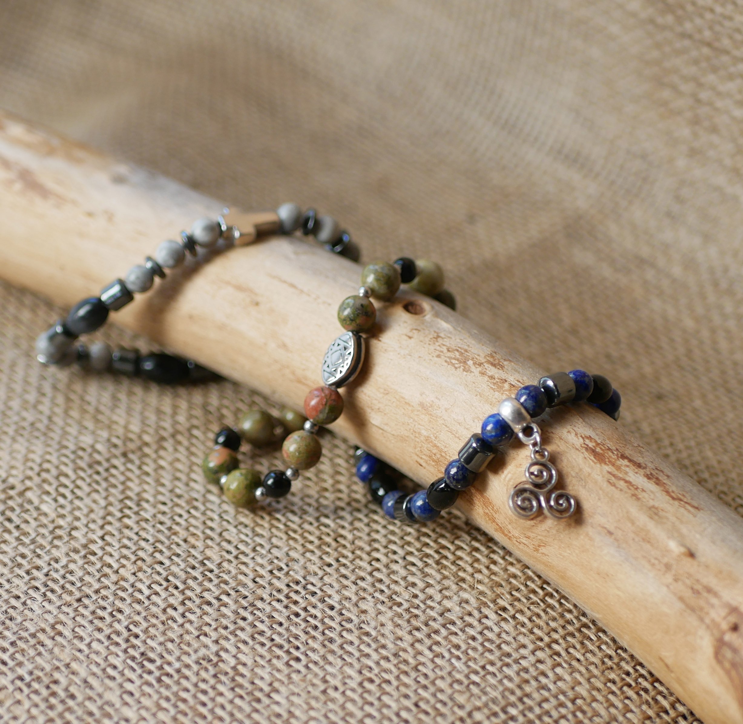 Pulseira de contas de aço oblonga com contas de pedra natural unakite 