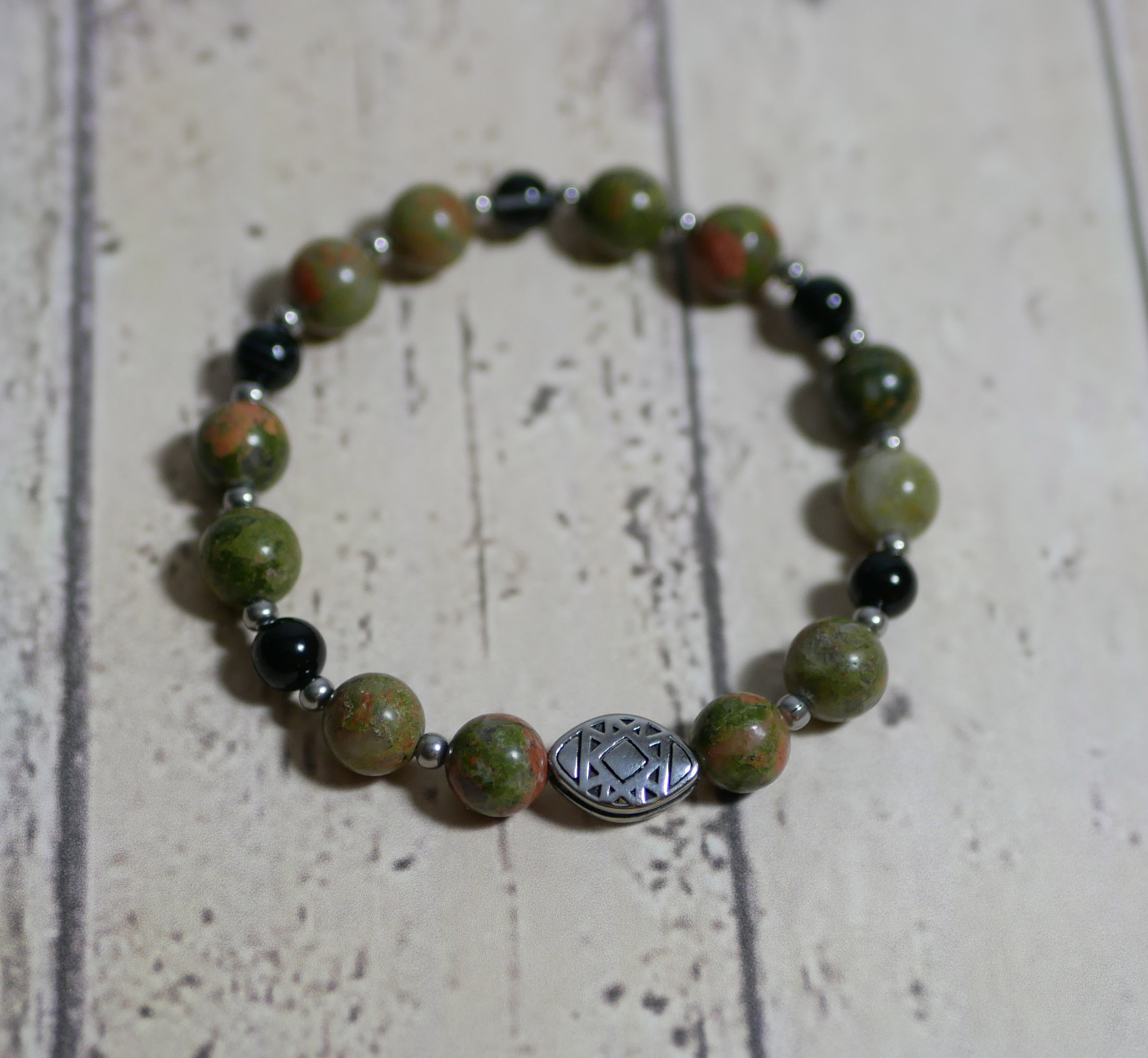 Pulseira de contas de aço oblonga com contas de pedra natural unakite 