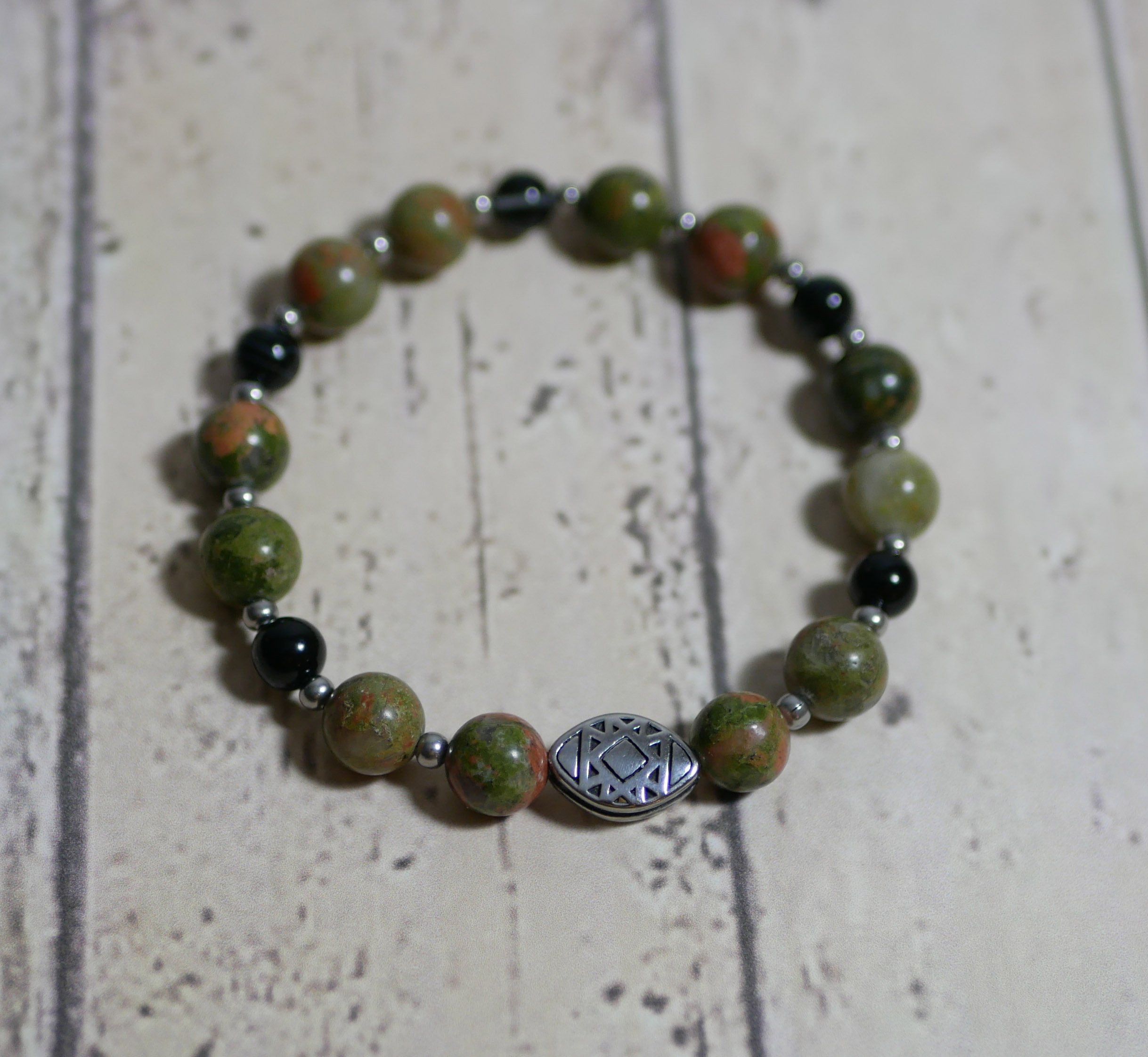 Pulseira de contas de aço oblonga com contas de pedra natural unakite 