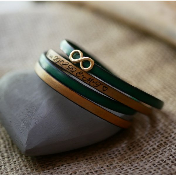 Prenda para a m&atilde;e pulseira dourada com o s&iacute;mbolo do infinito em 2 peles para personalizar  