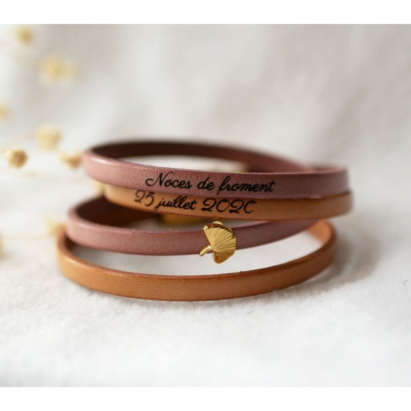 Pulseira de couro Zen em duo de cores, personaliz&aacute;vel com ginkgo dourado 