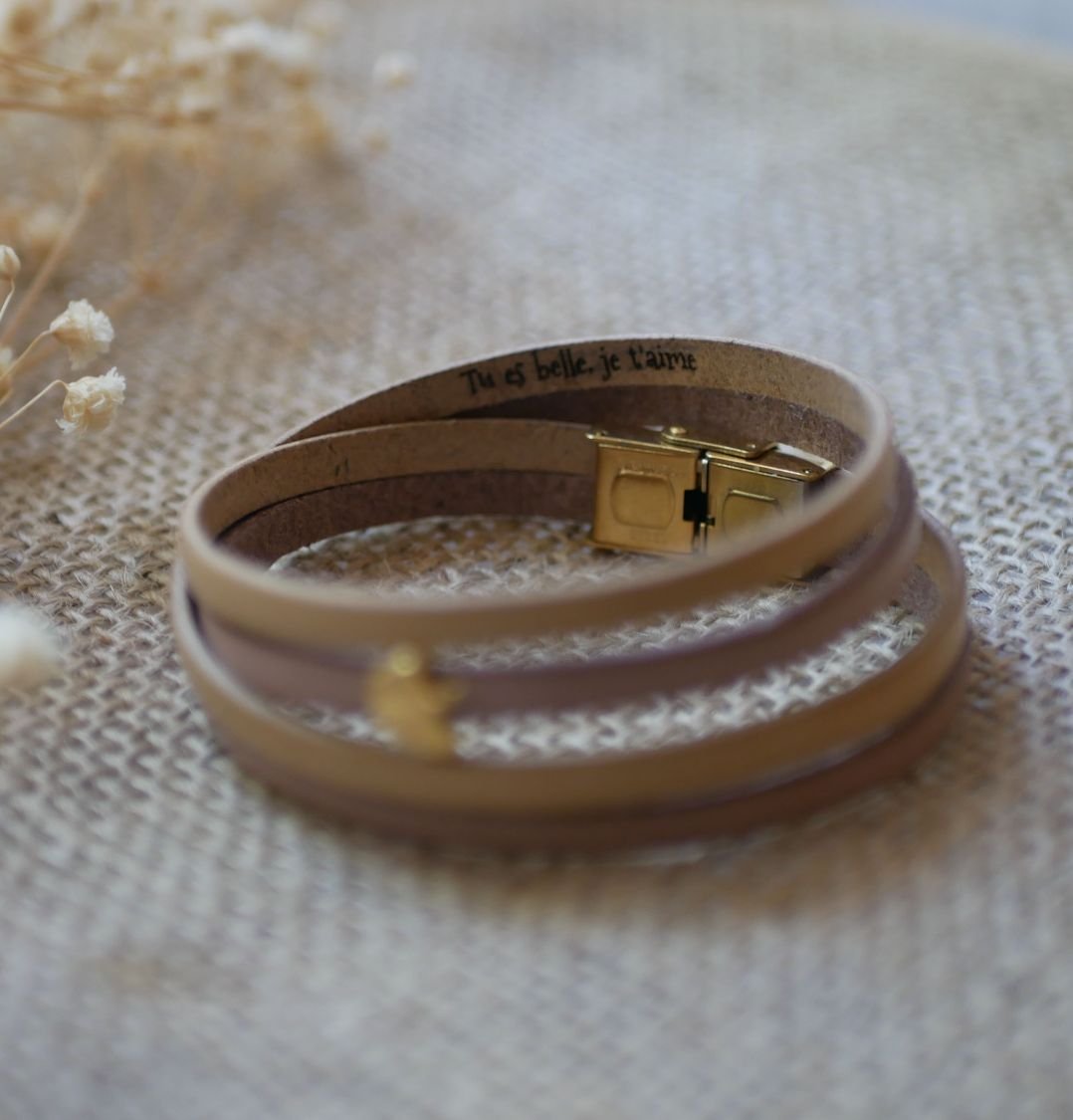 Pulseira de couro Zen em duo de cores, personalizável com ginkgo dourado 