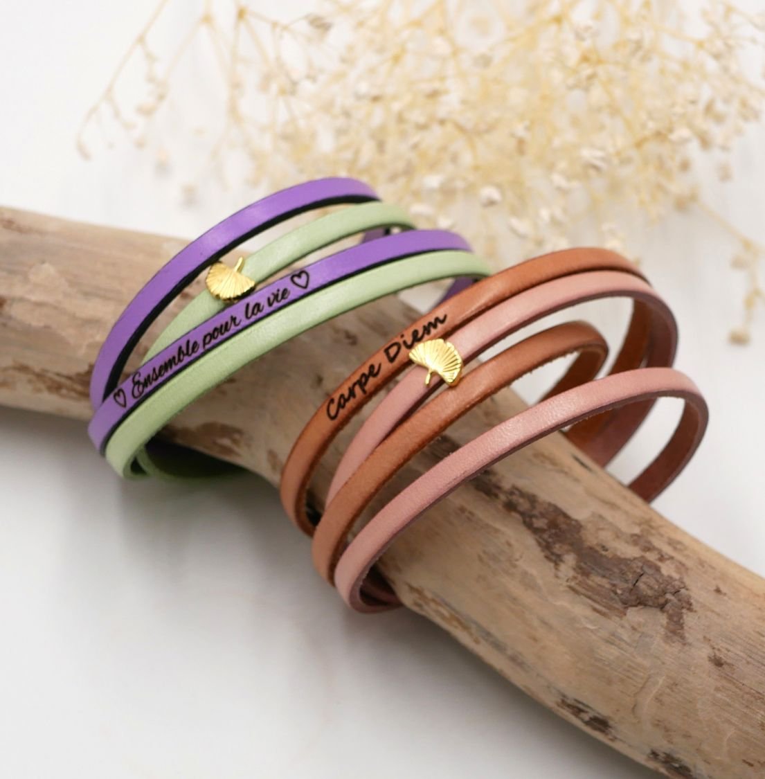 Pulseira de couro Zen em duo de cores, personalizável com ginkgo dourado 
