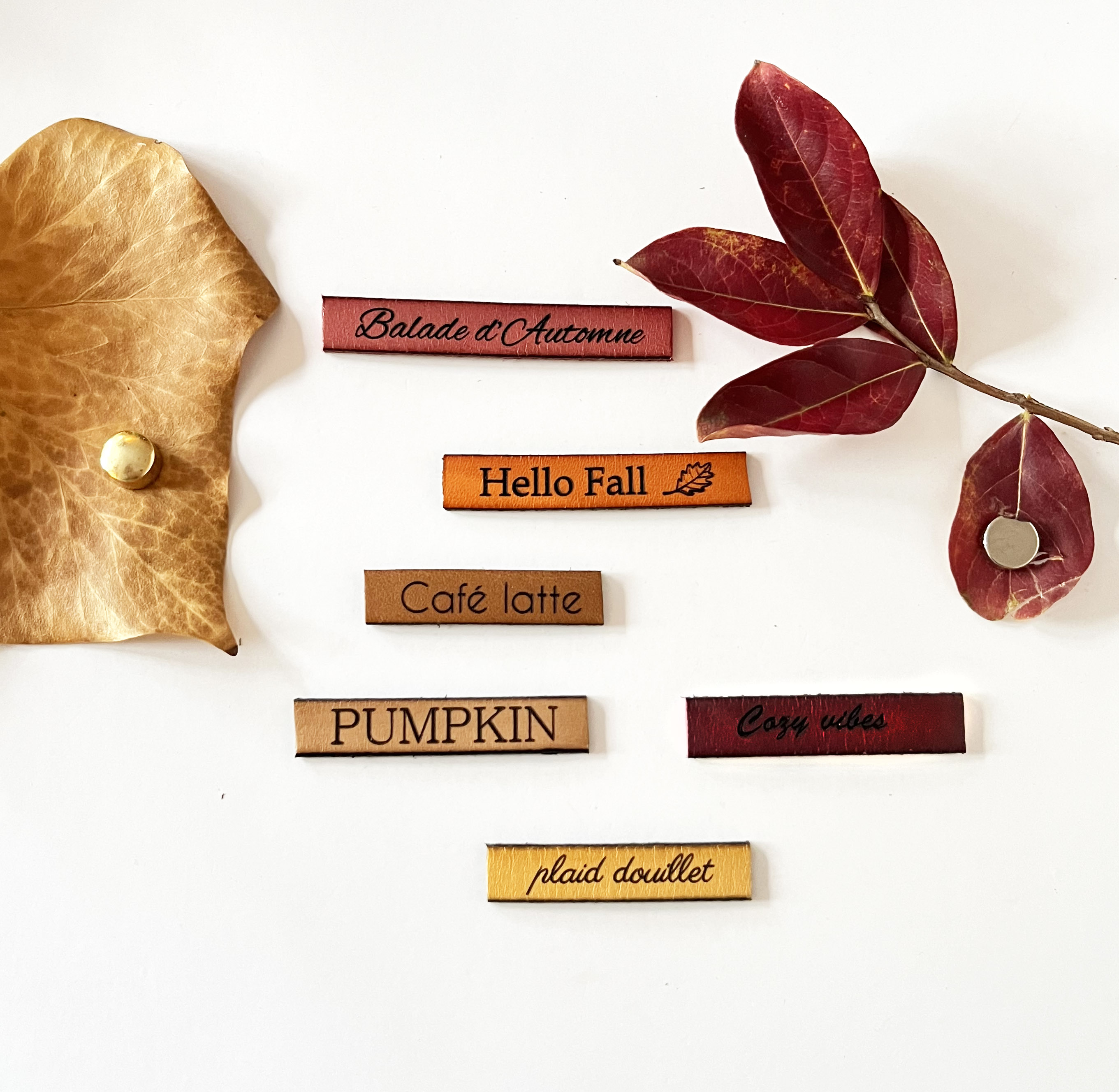 Ensemble magnets en cuir gravé thème automne 