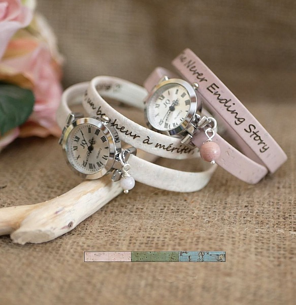 Montre argent avec bracelet en liège ajustable deux tours.