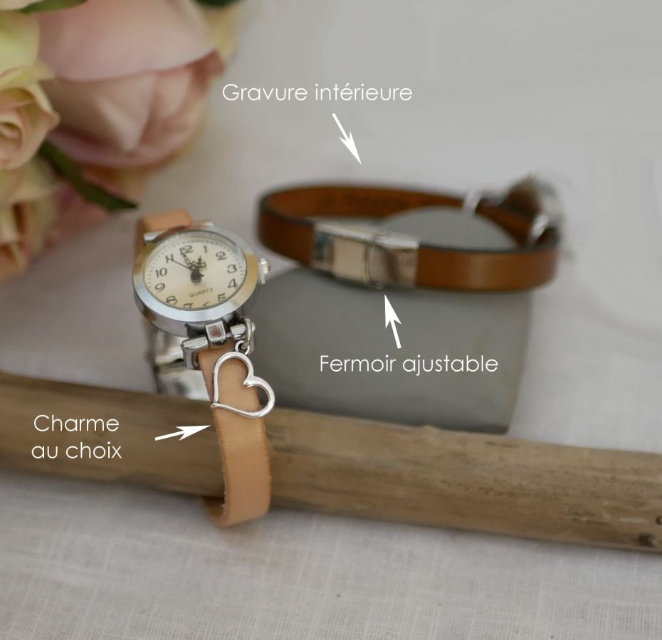 Relógio de prata com encanto e pulseira de couro com fecho ajustável