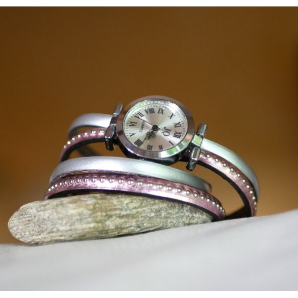 Rel&oacute;gio com pulseira dupla de couro met&aacute;lico cor-de-rosa para personalizar 