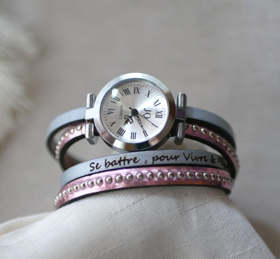 Relógio com pulseira dupla de couro metálico cor-de-rosa para personalizar 