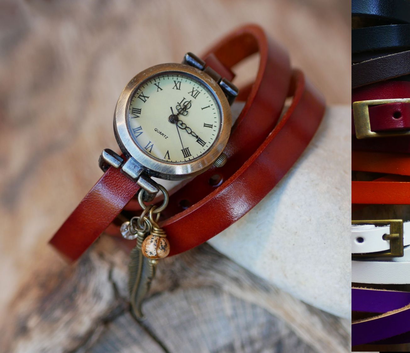 Relógio bracelete de couro com encantos de penas e pérolas