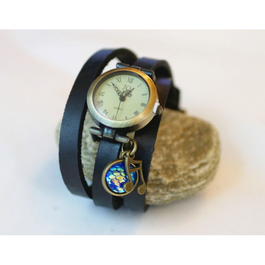 Relógio pulseira de couro com balança azul cabochon
