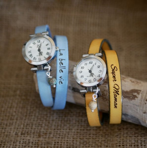 Rel&oacute;gio pulseira em pele 2 voltas personaliz&aacute;vel com mostrador em prata