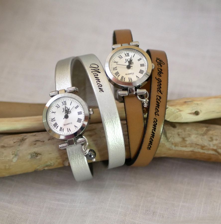 Relógio pulseira em pele 2 voltas personalizável com mostrador em prata