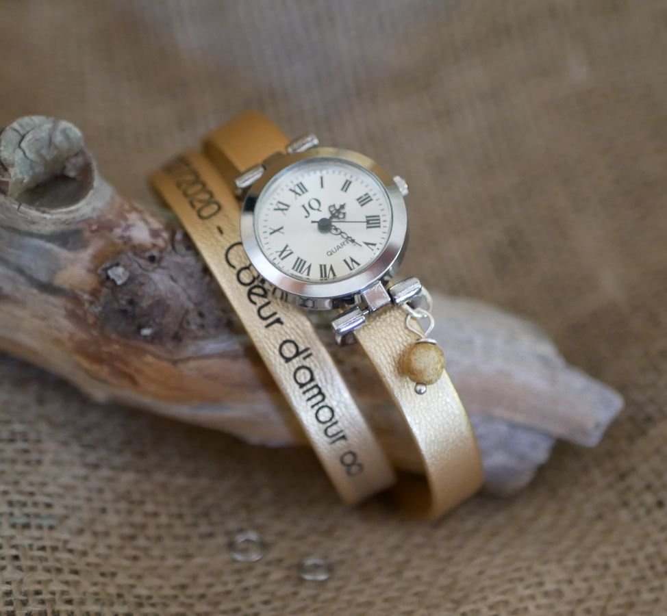 Relógio pulseira em pele 2 voltas personalizável com mostrador em prata