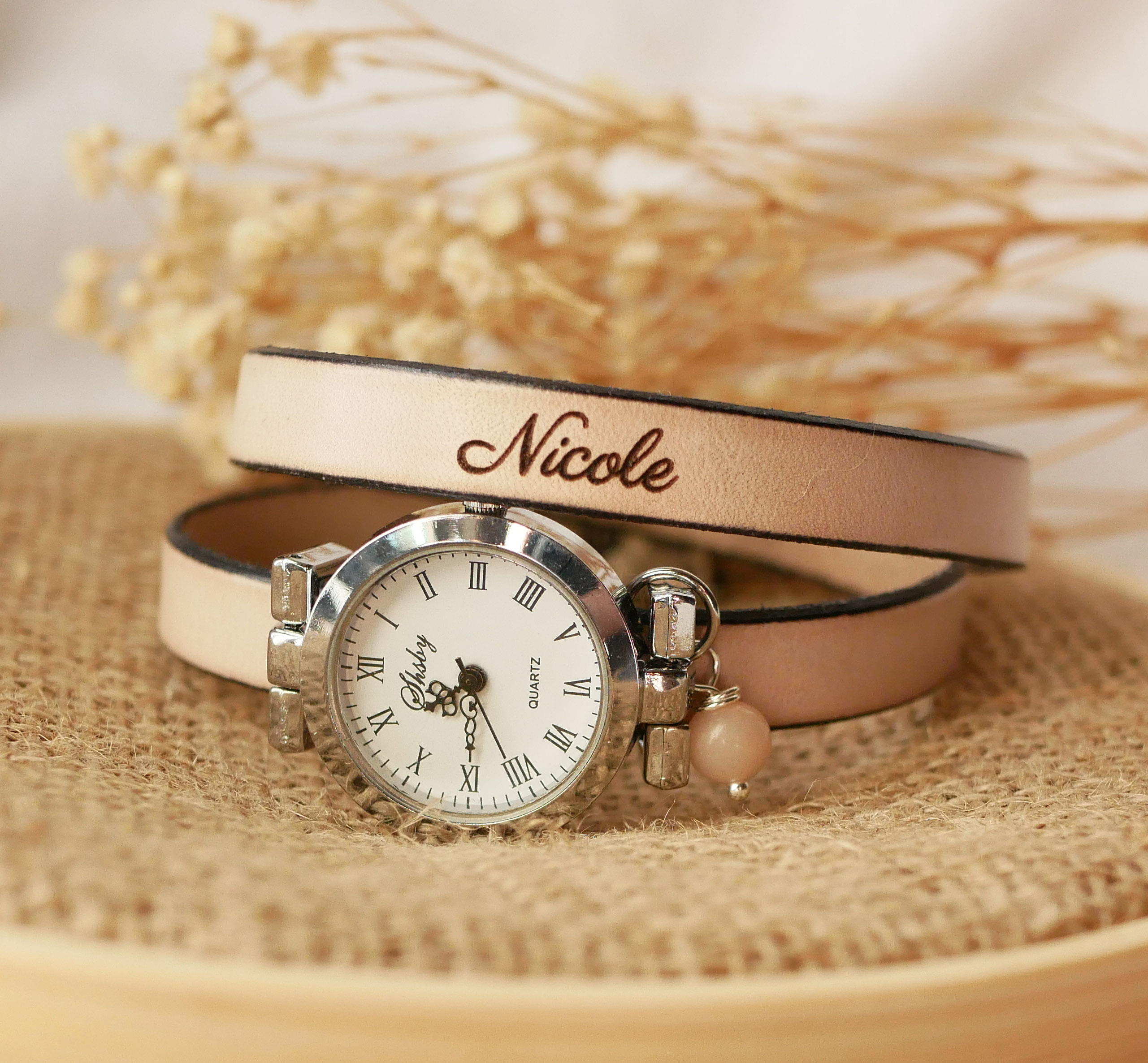 Relógio pulseira em pele 2 voltas personalizável com mostrador em prata