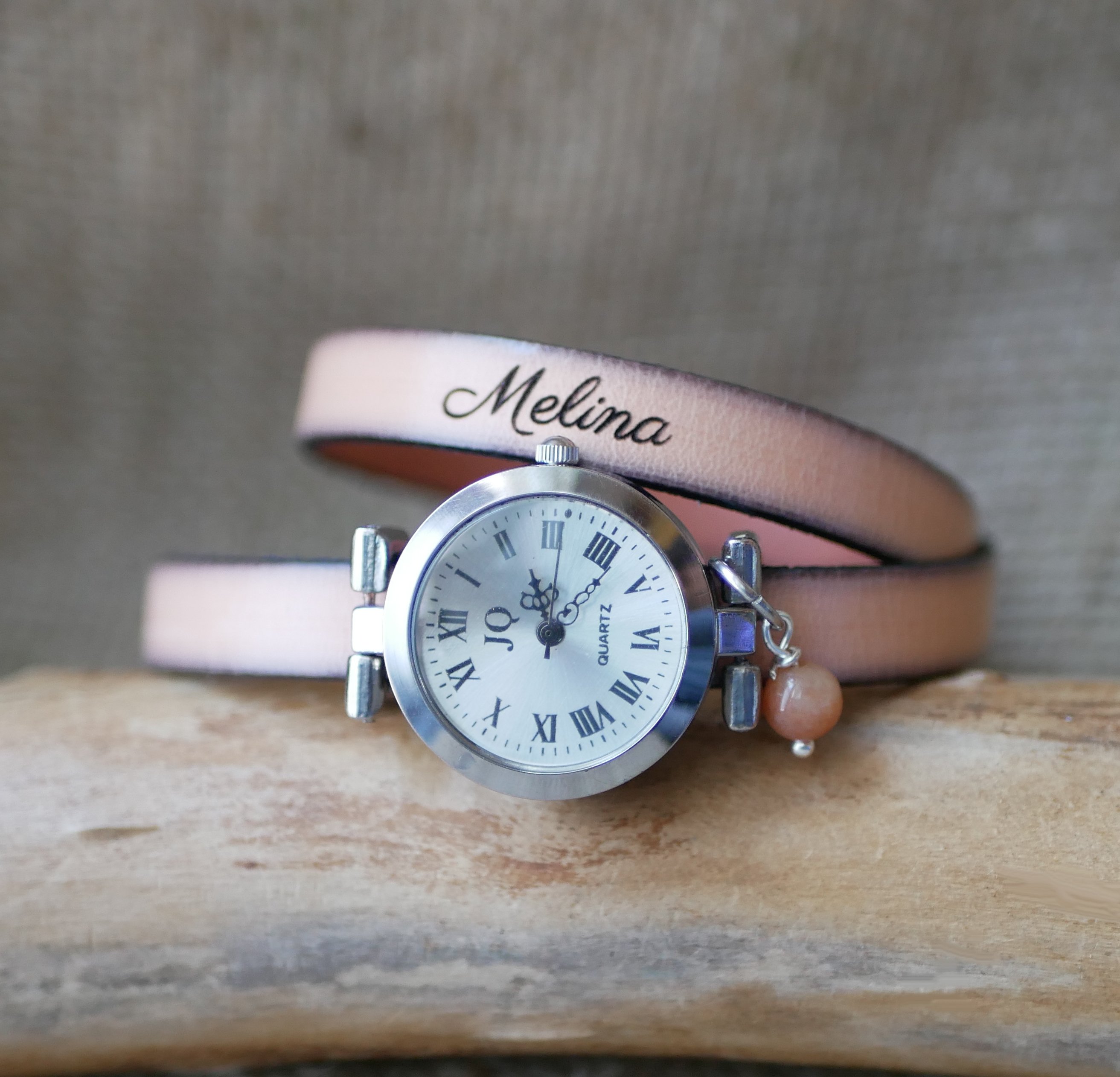 Relógio pulseira em pele 2 voltas personalizável com mostrador em prata